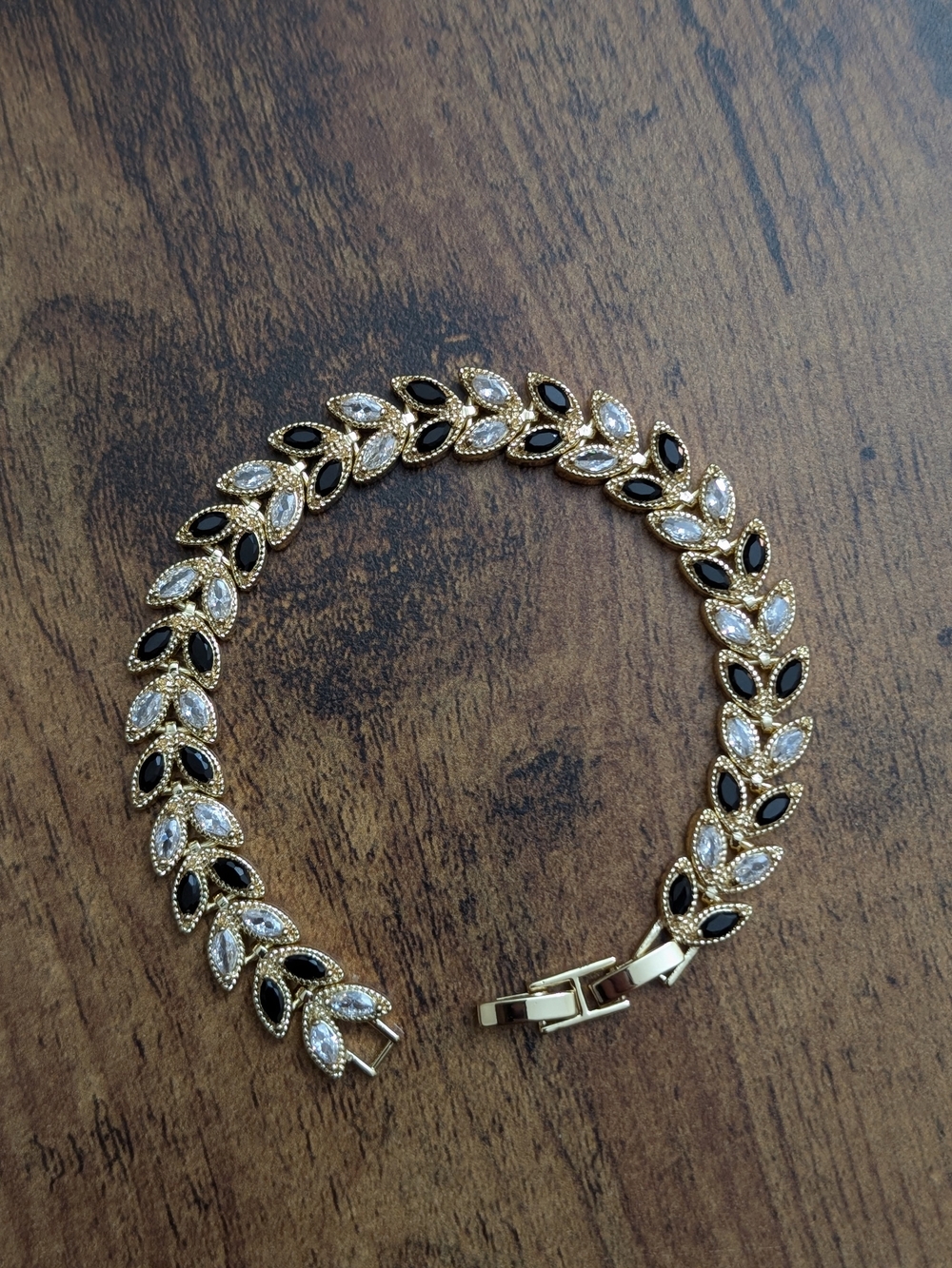 Gold Leaf Link Bracelet with Black and White Marquise Accents